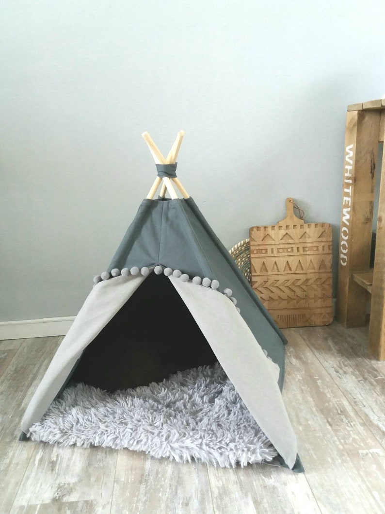 Pet teepee, gray cotton canvas, pompoms trim, including fake fur or cotton pillow. Dog house, cat home, teepee, pet bed, wigwam, tepee. Boho image 2