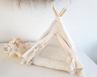 Tipi hérisson avec oreiller amovible, blanc cassé, maison, lit, pompons