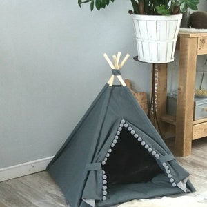 Pet teepee, gray cotton canvas, pompoms trim, including fake fur or cotton pillow. Dog house, cat home, teepee, pet bed, wigwam, tepee. Boho image 7