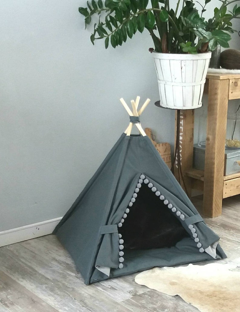 Pet teepee, gray cotton canvas, pompoms trim, including fake fur or cotton pillow. Dog house, cat home, teepee, pet bed, wigwam, tepee. Boho image 7