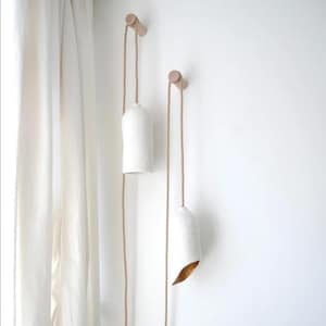 Japanese style, organic shape, handmade plastered paper mache lamp with fixture and wall mount, Mediterranean look, minimalist, boho, gold
