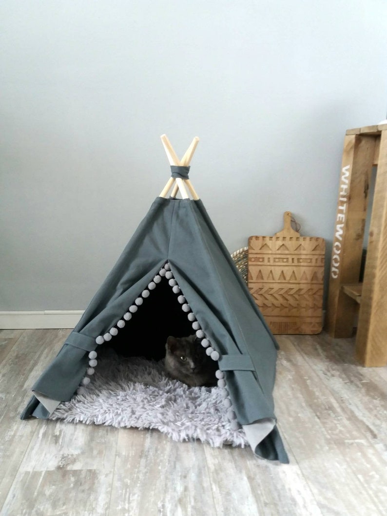 Pet teepee, gray cotton canvas, pompoms trim, including fake fur or cotton pillow. Dog house, cat home, teepee, pet bed, wigwam, tepee. Boho image 1