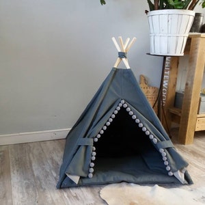 Pet teepee, gray cotton canvas, pompoms trim, including fake fur or cotton pillow. Dog house, cat home, teepee, pet bed, wigwam, tepee. Boho image 4