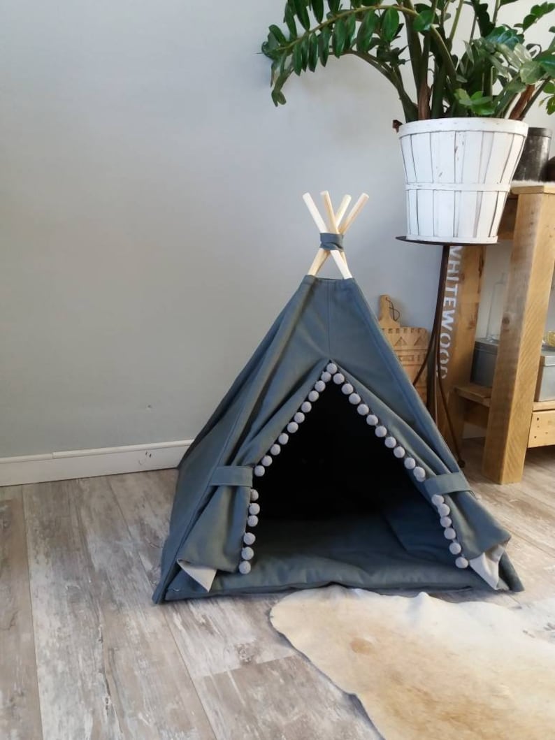 Pet teepee, gray cotton canvas, pompoms trim, including fake fur or cotton pillow. Dog house, cat home, teepee, pet bed, wigwam, tepee. Boho image 4