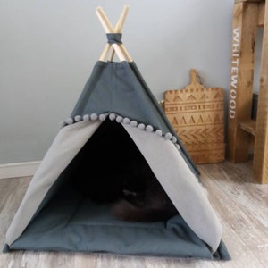 Pet teepee, gray cotton canvas, pompoms trim, including fake fur or cotton pillow. Dog house, cat home, teepee, pet bed, wigwam, tepee. Boho image 6