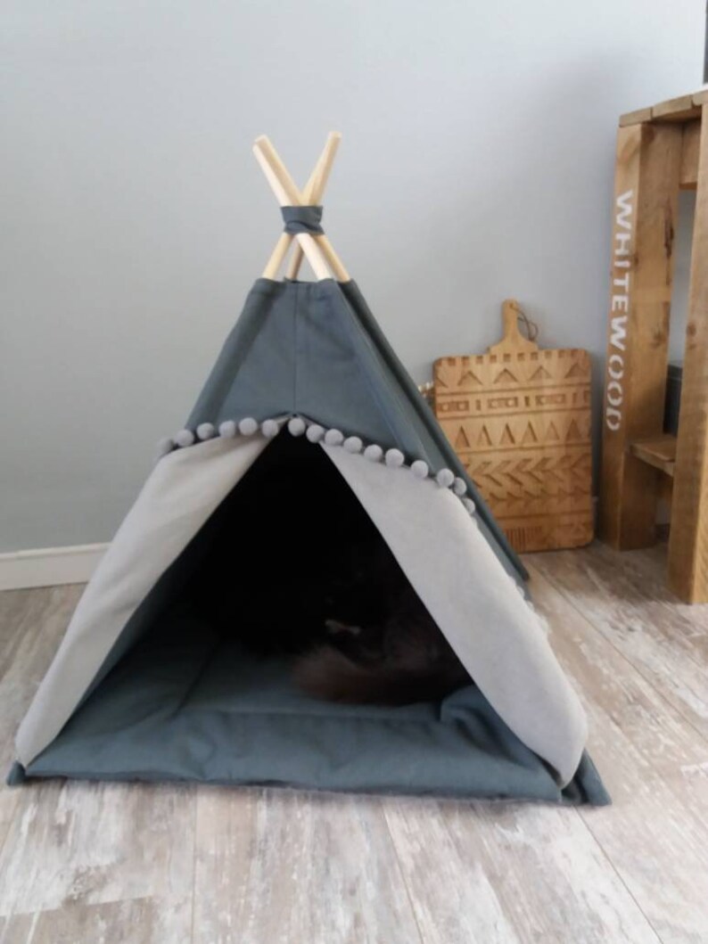 Pet teepee, gray cotton canvas, pompoms trim, including fake fur or cotton pillow. Dog house, cat home, teepee, pet bed, wigwam, tepee. Boho image 6