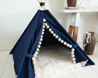 Blue denim pet teepee including pillow, dog house, cat bed, tent, teepee, jeans, pompom trim, denim, tepee wigwam, western