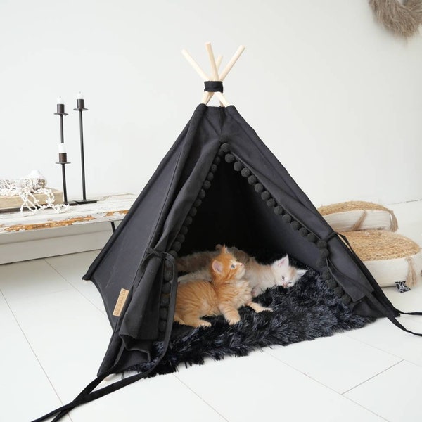 Black pet teepee including fake fur or cotton pillow, dog bed, cat teepee tent, tipi, dog home, tepee, wigwam, urban living.