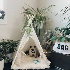 Pet teepee incl fake fur or soft rib pillow, off-white, tent, teepee, teepee, dog teepee, cat teepee, cat teepee, tepee wigwam, boho living. image 4