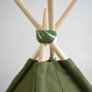 Pet teepee, green cotton canvas, pompoms trim, including cotton pillow. Dog house, cat home, teepee, pet bed, tepee, hotel chic, leafs image 6