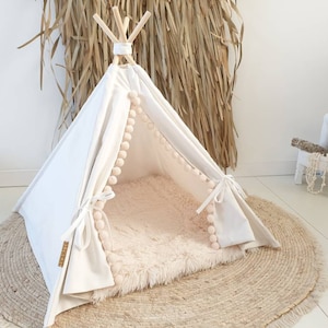 Pet teepee incl fake fur or soft rib pillow, off-white, tent, teepee, teepee, dog teepee, cat teepee, cat teepee, tepee wigwam, boho living. image 1