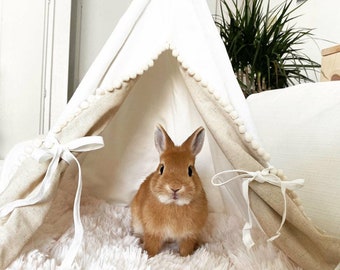 Rabbit teepee incl linen mix or fake fur pillow, off-white. Chihuahua, rabbit, kitten bed. Small pet home. tepee wigwam