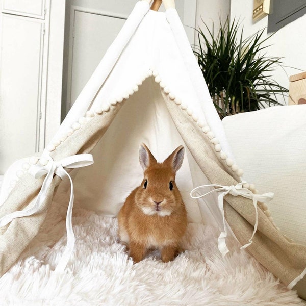 Rabbit teepee incl linen mix or fake fur pillow, off-white. Chihuahua, rabbit, kitten bed. Small pet home. tepee wigwam