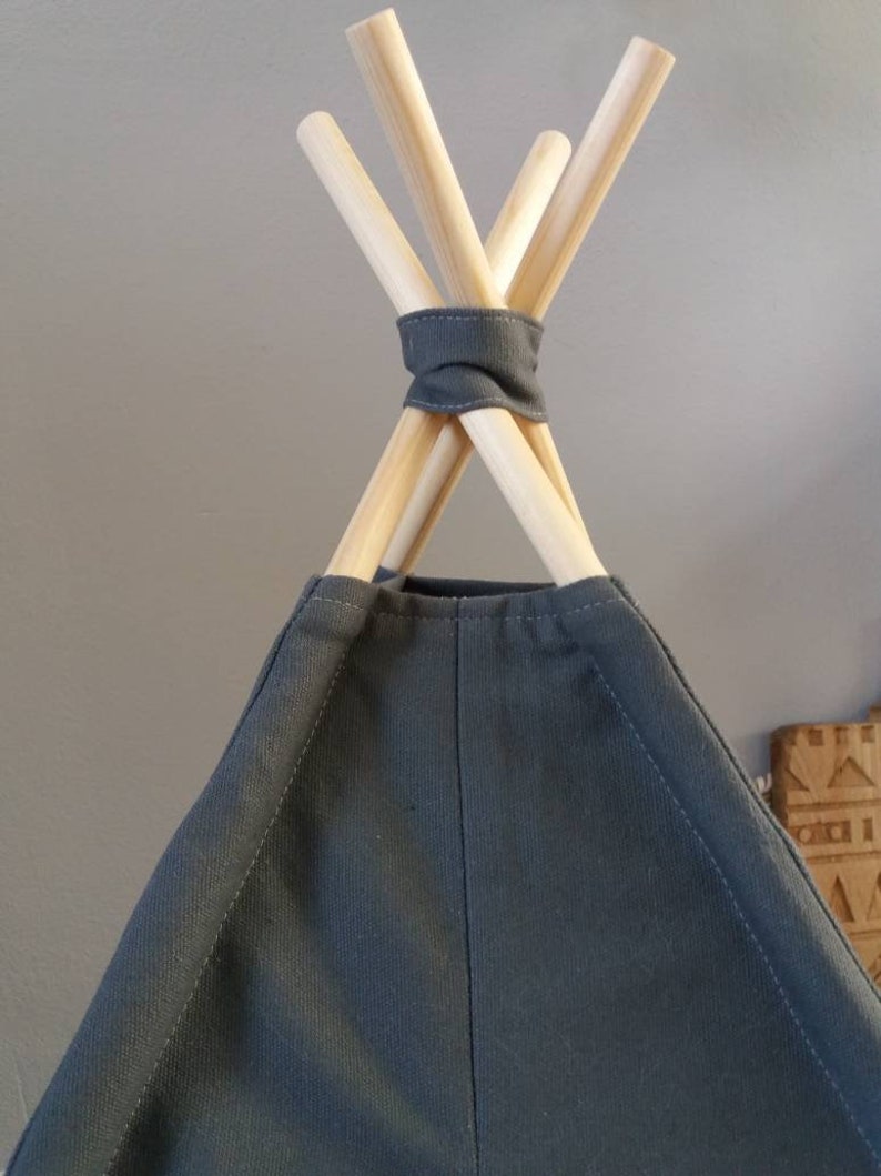 Pet teepee, gray cotton canvas, pompoms trim, including fake fur or cotton pillow. Dog house, cat home, teepee, pet bed, wigwam, tepee. Boho image 5