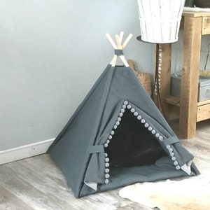 Pet teepee, gray cotton canvas, pompoms trim, including fake fur or cotton pillow. Dog house, cat home, teepee, pet bed, wigwam, tepee. Boho image 3