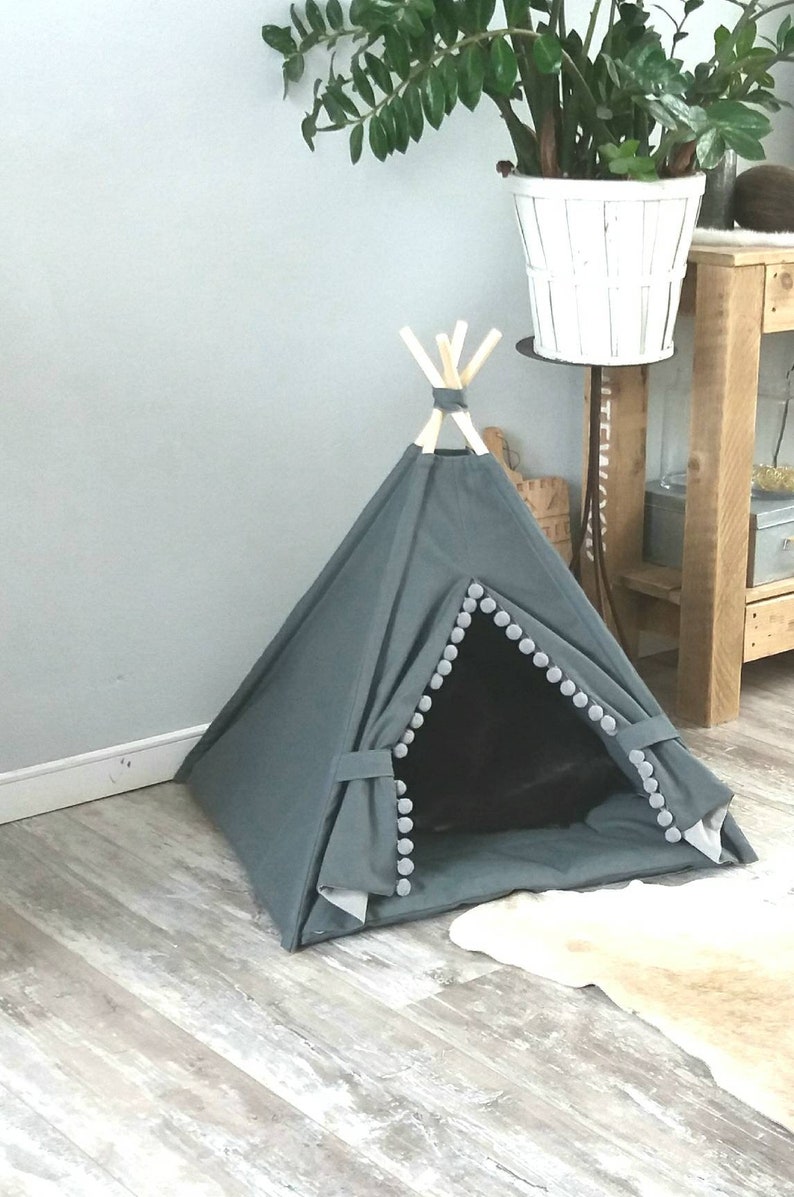 Pet teepee, gray cotton canvas, pompoms trim, including fake fur or cotton pillow. Dog house, cat home, teepee, pet bed, wigwam, tepee. Boho image 3