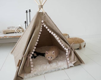 Brown pet teepee including fake fur or soft rib pillow, tent, tipi, teepee, dog tipi, cat teepee, cat tipi, tepee wigwam, boho living.