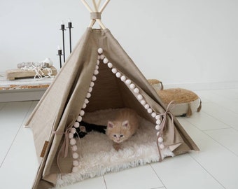 Brown pet teepee including fake fur or soft rib pillow, tent, teepee, teepee, dog teepee, cat teepee, cat teepee, tepee wigwam, boho living.