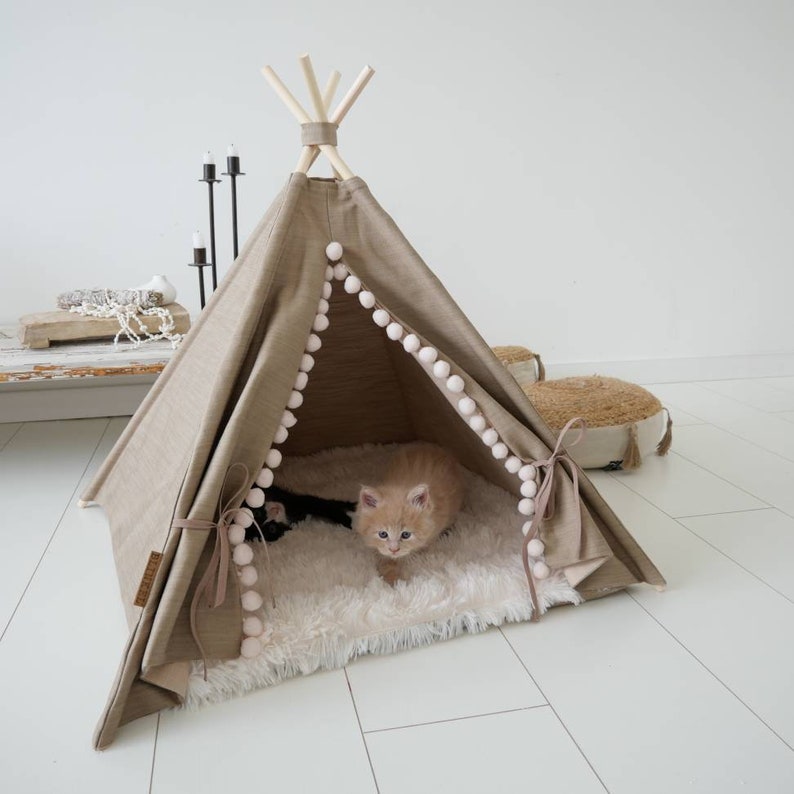 Brown pet teepee including fake fur or soft rib pillow, tent, teepee, teepee, dog teepee, cat teepee, cat teepee, tepee wigwam, boho living. image 1