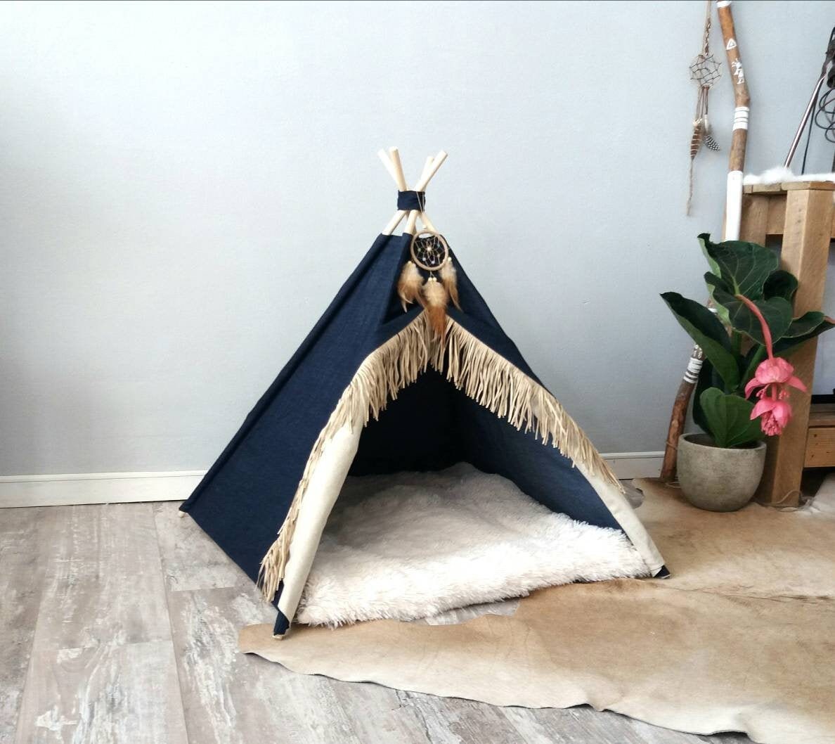 Blue denim pet teepee including pillow, dog house, cat bed, tent, tip…