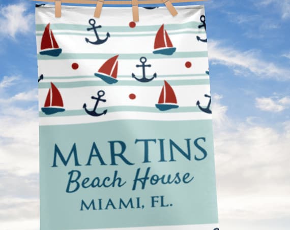Personalized Large Beach Towel, Nautical Anchor Beach Towels, Custom Name Beach House Bath Towels, Beach house decor, lake house decor