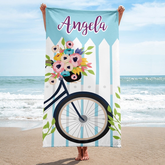 ON SALECustom personalized beach towel, flowers and bike beach towel, beach towel, personalized towel, monogram beach towel, beach towels