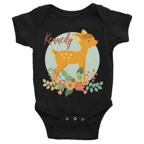 Custom Name Floral Baby Bodysuit, Custom name Bodysuit, Custom Name Fawn Baby Bodysuit, Personalizd Name Baby Deer, Personalized shirt, Name
