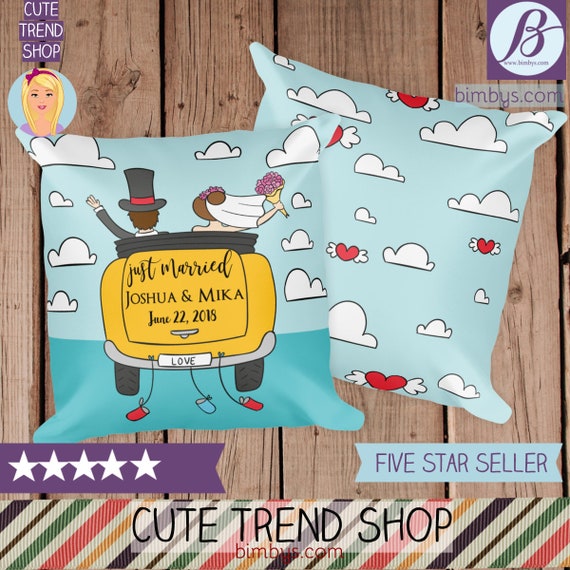 Custom Wedding Pillow with Cute Bride and Groom Graphic Design on Cloud Pattern - Mr and Mrs Pillow - Wedding Pillows - Custom Monogrammed