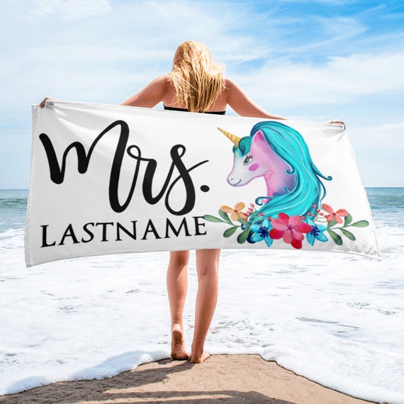 Mrs Custom Unicorn Beach Towel | Honeymoon Gift | Gift For Honeymoon | Bridal Shower Gift | Bridal Shower Gift | Engagement Gift, Honeymoon