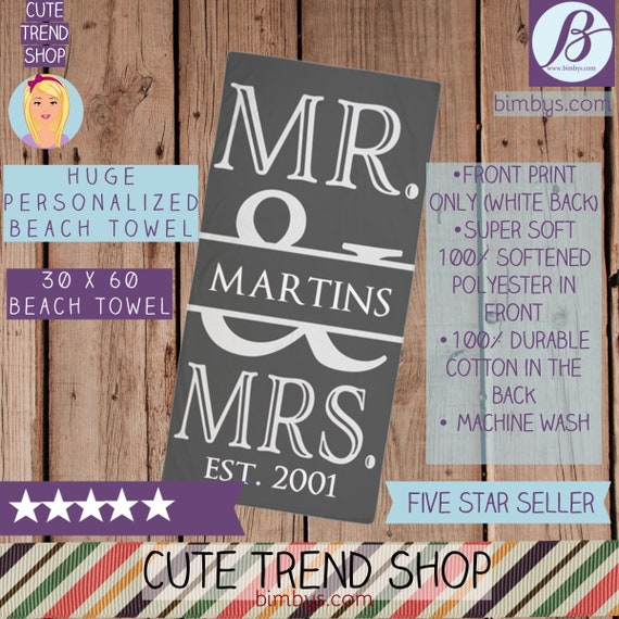 Mr. and Mrs. Personalized Beach Towel in Gray and White - Personalized Wedding Towels - Custom Last Name Beach Towel - Wedding Beach towel