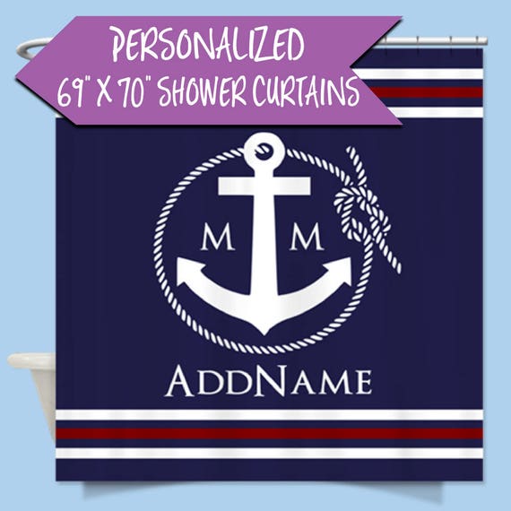 Anchor Personalized Shower Curtain Monogram | Personalized Monogram Shower Curtain | Navy Nautical Rope and Anchor Monogram Shower Curtain
