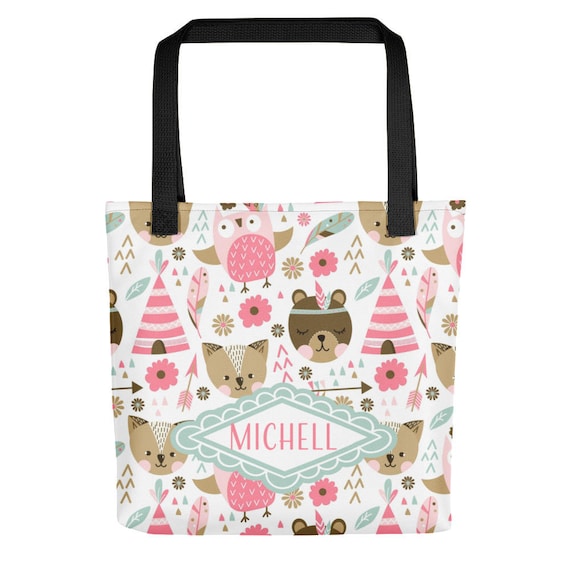 Personalized Name Woodland Animals Pattern Tote bag | Cute Girly Tote Bag with Custom Name | Owl, Flowers, Pink Pattern All Over Print Tote