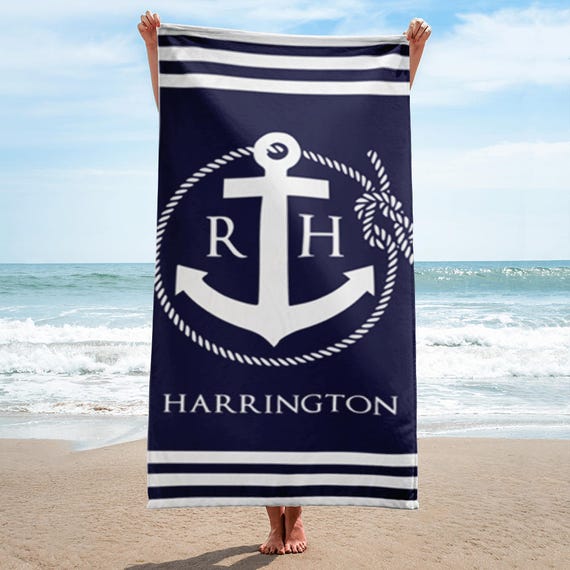 Beach Towels, Monogrammed Beach Towels, Personalized Beach Towels, Nautical Rope and Anchor Monogram Beach Towel, Monogram Beach Towel