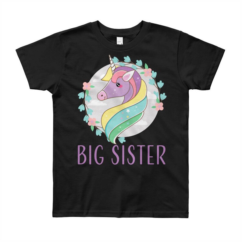 Sister Big Sister T-shirt with Unicorn Floral Wreath Pregnancy Announcement Shirt Surprise Big Sister Shirt Floral Big Sister T-Shirts