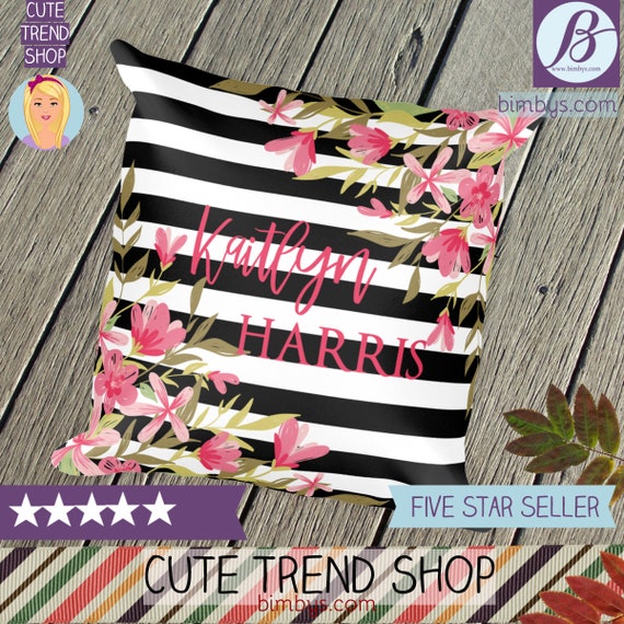 Personalized Name Throw Pillow with Flowers and Black and White Stripes Design - Custom Name Throw Pillow - Girly Throw Pillows - Decorative