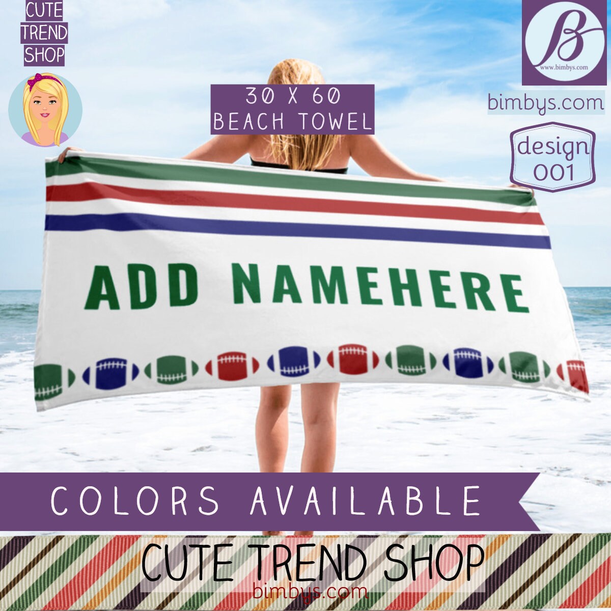 Beach Towelmonogram Football Custom Name Sports Stripes Towel