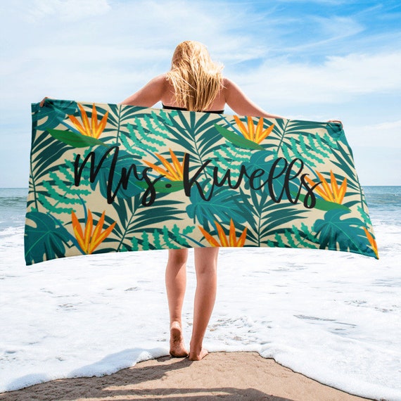 ON SALETropical Pattern Custom Beach Towel, Tropical Beach Towel, Custom Name Towel, Personalized Towels, Palm Leaves, Tropical vacation