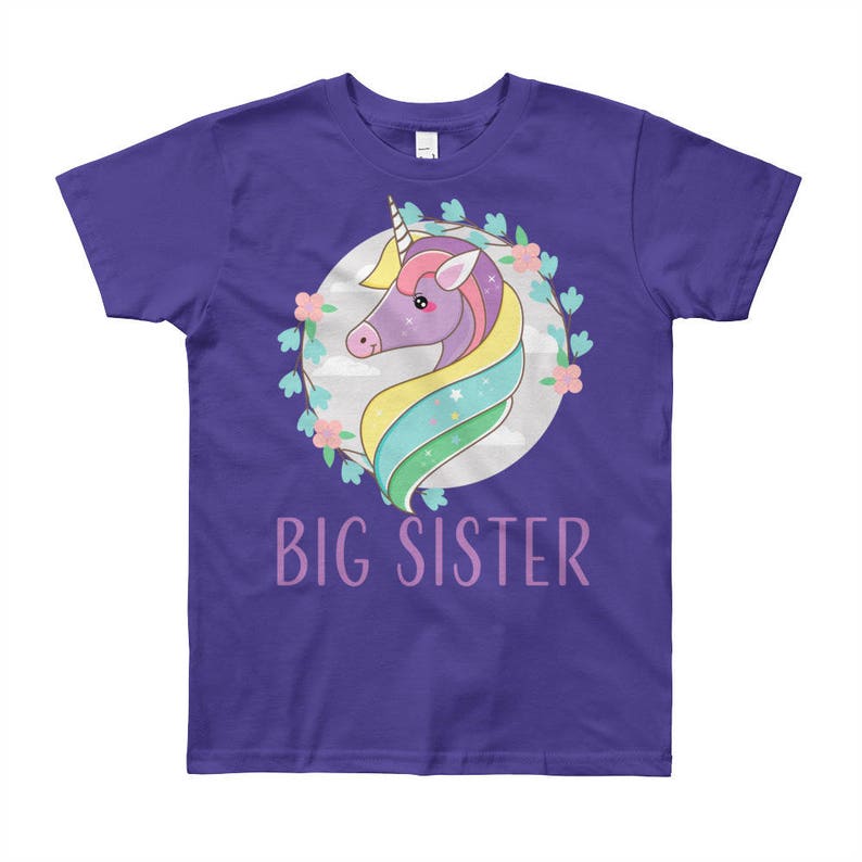 Sister Big Sister T-shirt with Unicorn Floral Wreath Pregnancy Announcement Shirt Surprise Big Sister Shirt Floral Big Sister T-Shirts
