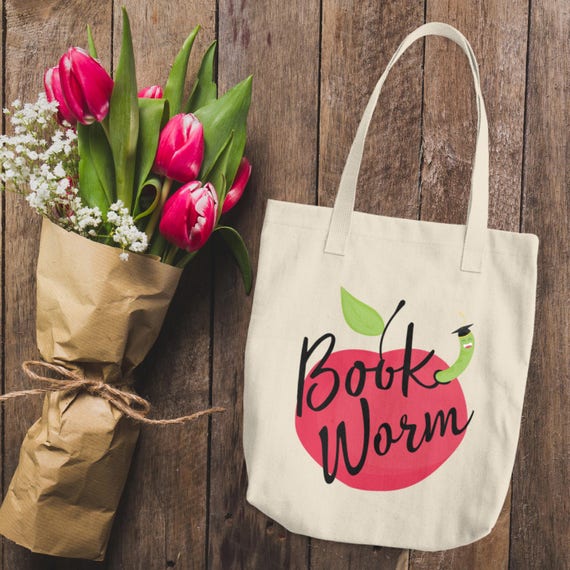 Book Worm Cotton Tote Bag | Cute Bookworm Reading Lines Tote Bag Natural | Natural Cotton Canvas Tote Bag | I Love Books Bookworm Tote Bag