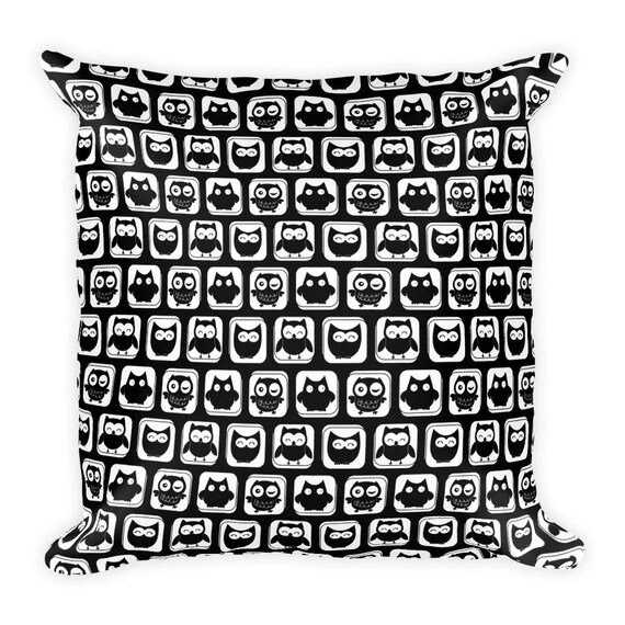 Cute Black and White 18"x18" Owl Throw Square Pillow, Decorative Throw Pillow, Pillow, Owl Pillow,Gift Pillow, Nature Pillow, Pattern Pillow
