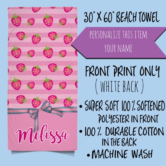 Custom Name Pink Strawberry Pattern Personalized Beach Towel | Monogrammed Beach Towel | Personalized Towel | Monogram Pool Towel | For Her