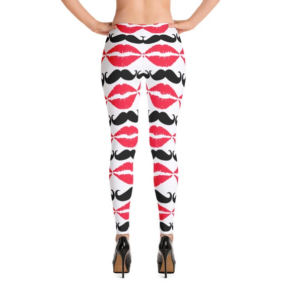 Red and Black Mustache and Lips Pattern Leggings, Women's Tights, Fashion Women's Leggings