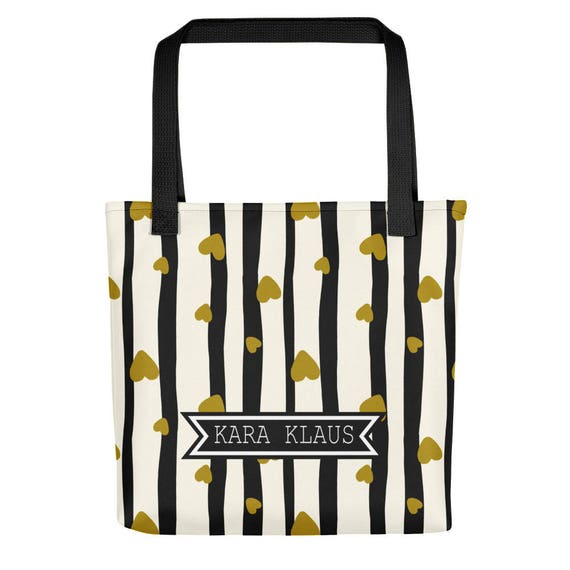 Gold Hearts Tote | Black and White Stripes Custom Name Tote | Personalized Name Tote | Bridesmaid Tote Bags | Bridesmaid Bag | Wedding Tote