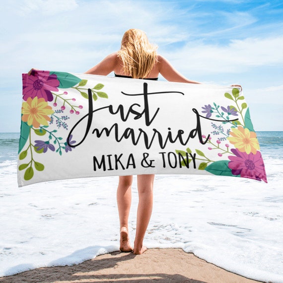 ON SALEJust Married Personalised Wedding Beach Towel | Bridal Shower Gift | | Gift for Bride | Newlywed Gift | Bridal Shower Gifts for Bride