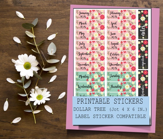 Printable Floral Months and Days Stickers | Jot Dollar Tree Sticker Label Compatible | Printable Planner Stickers | Floral Sticker
