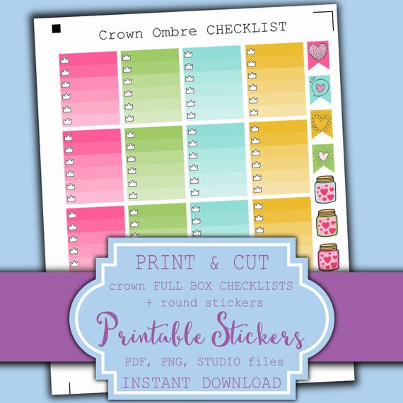 Planner Full Box Stickers Printable - Erin Condren Planner Stickers - Crown Checklist Stickers - Ombre full box stickers | Printable Planner