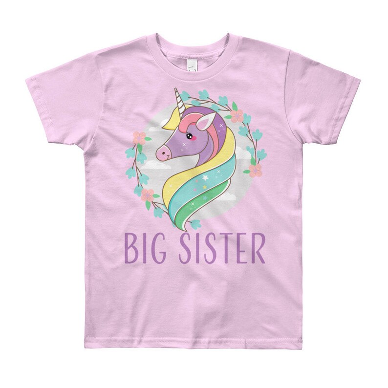 Sister Big Sister T-shirt with Unicorn Floral Wreath Pregnancy Announcement Shirt Surprise Big Sister Shirt Floral Big Sister T-Shirts