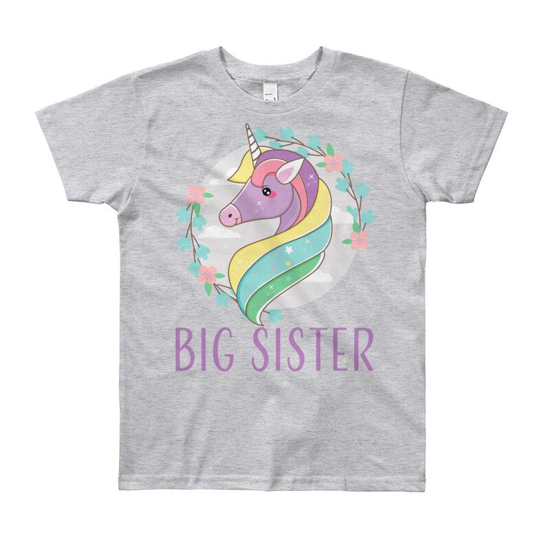 Sister Big Sister T-shirt with Unicorn Floral Wreath Pregnancy Announcement Shirt Surprise Big Sister Shirt Floral Big Sister T-Shirts