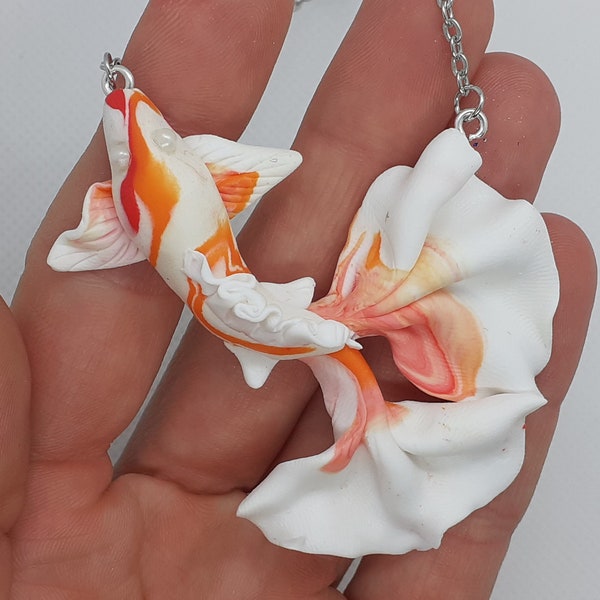 Koi fish handmade cameo necklace,white and orange fish. F