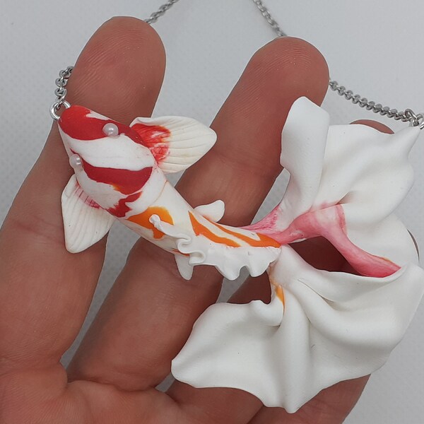 Koi fish handmade cameo necklace,white and orange fish. G